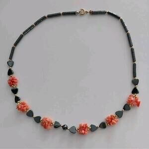 Vintage Angel Skin Coral Branch With Hematite Hearts & Beads Necklace